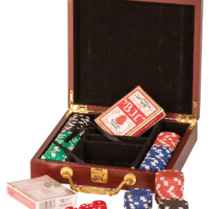 100 Chip Poker Gift Set Rosewood Finish  with 2 decks and 5 Dice